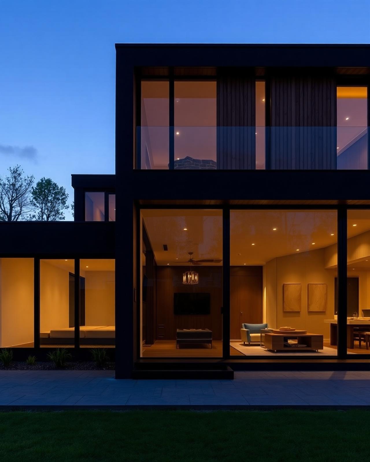 Modern luxury villa exterior at twilight